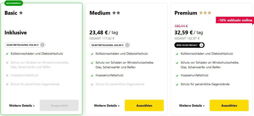 Das Versicherungspaket Basic, Medium und Premium von Europcar in der Übersicht