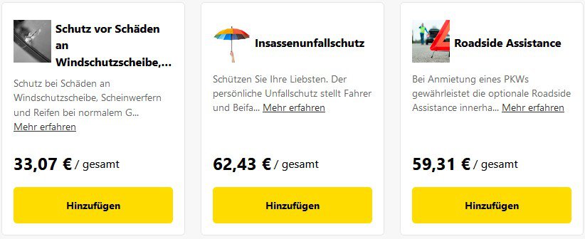 Übersicht weiterer Schutzpakete auf der Europcar Webseite wie Roadside Assistance